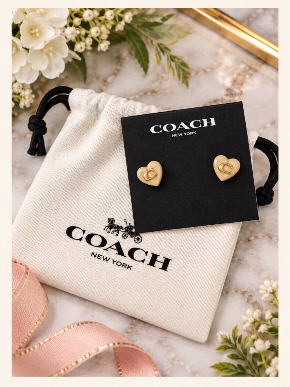 COACH Ivory Gold Signature C Heart Stud Earrings w/ Pouch NWT